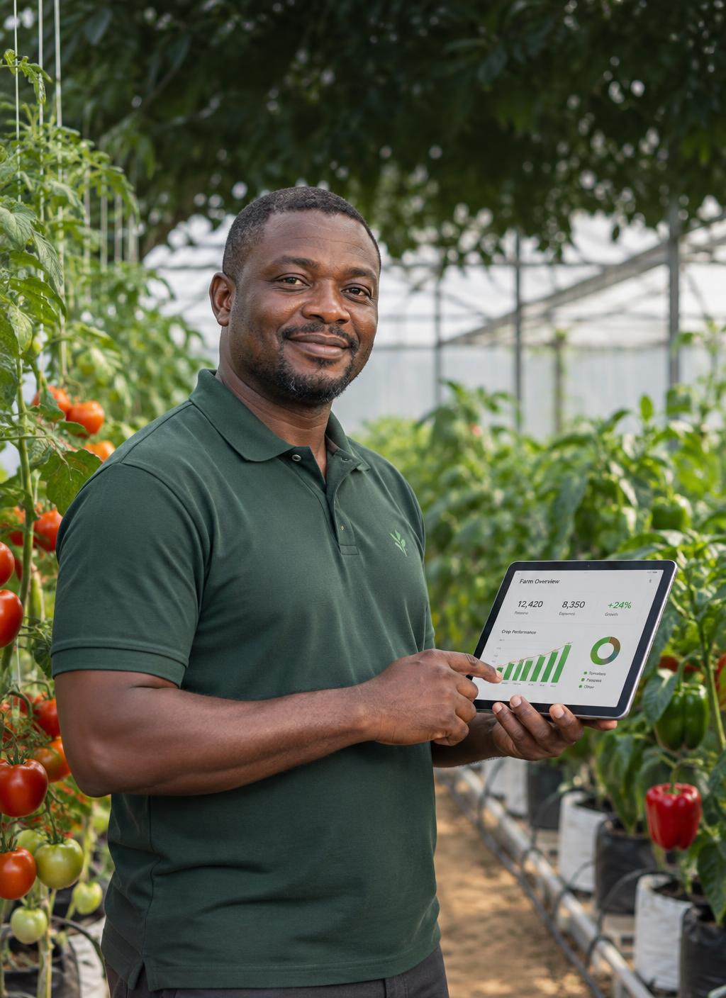 Agri-entrepreneur dans une serre moderne, tenant une tablette
